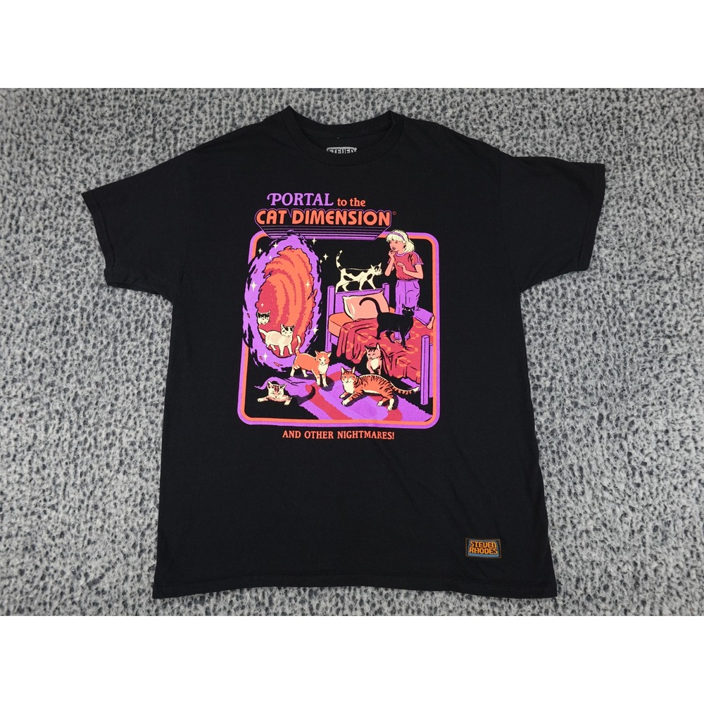 Steven Rhodes T-Shirt Mens Large Black Portal to the Cat Dimension‎ Graphic